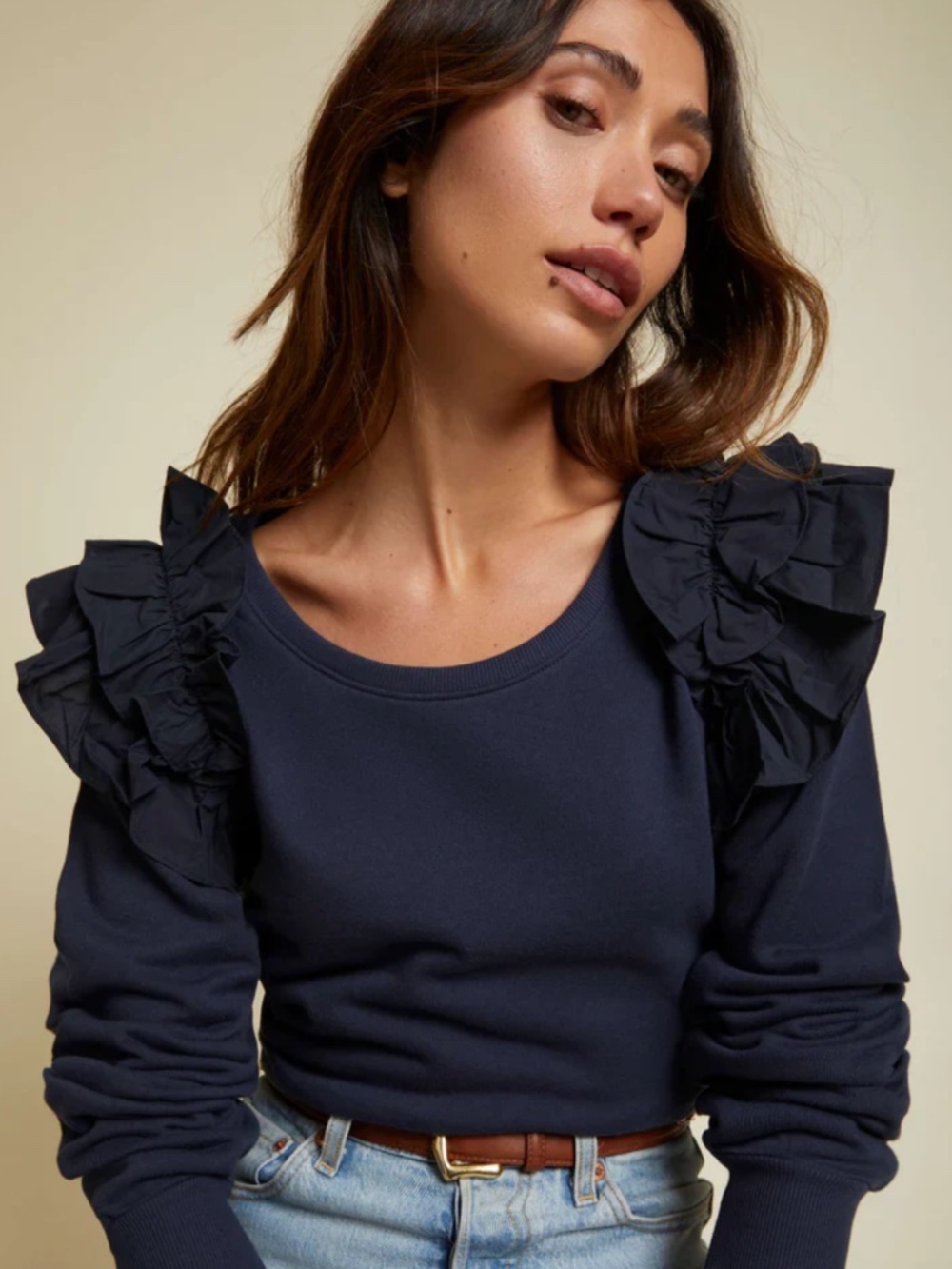 Nation LTD Esther Sweatshirt Navy Ruffle Shoulder Cotton Poplin Size M